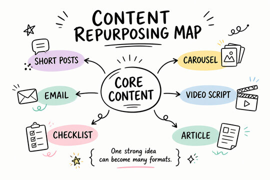 Content repurposing map showing one core idea becoming posts, email, carousel, video and articles