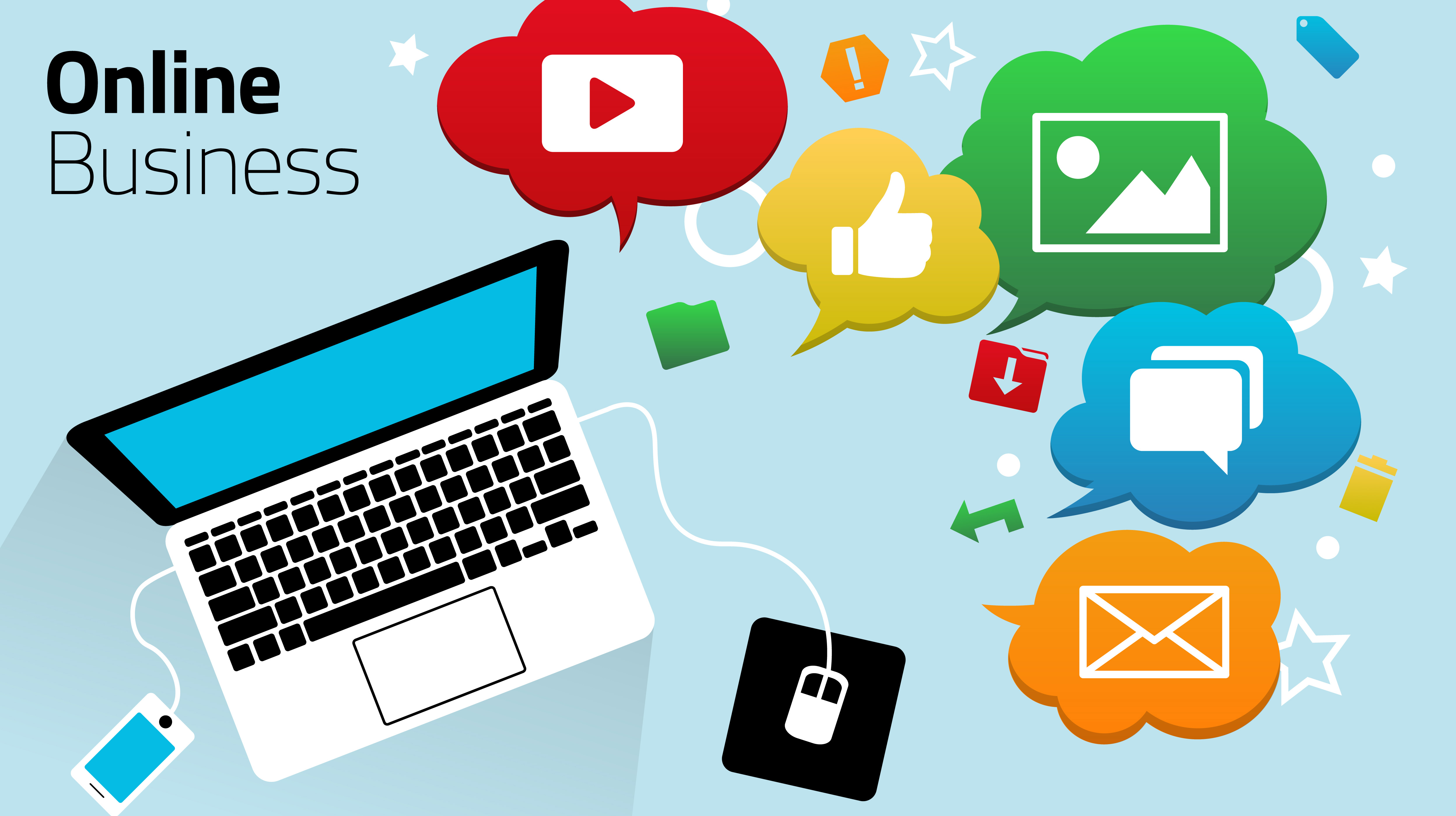 Online business illustration with a laptop, digital social channels and a web store