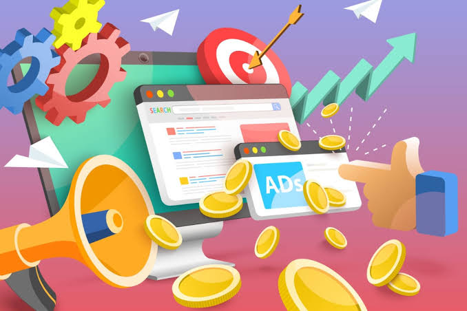 Colorful paid advertising campaign illustration with ads, targeting and growth arrows