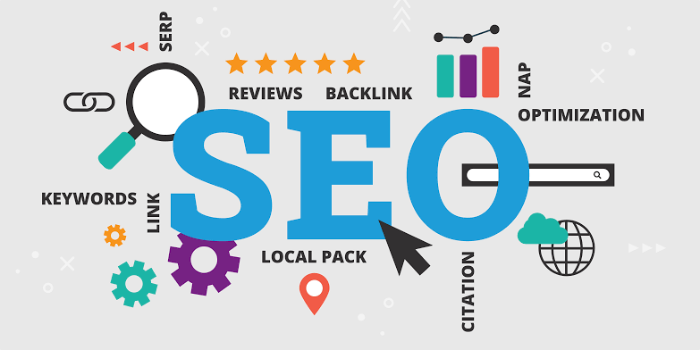 SEO optimization illustration showing keywords, reviews, local search and backlinks